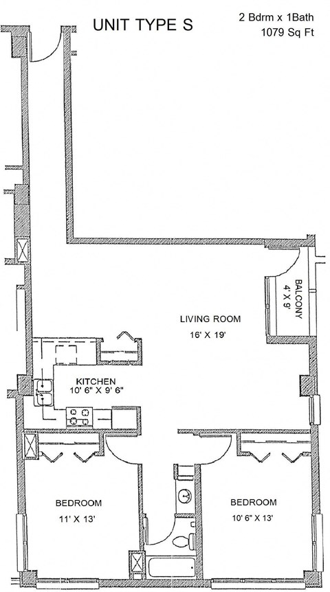 Floor plan for 2 beds, 1 bath, 1079 sqft
